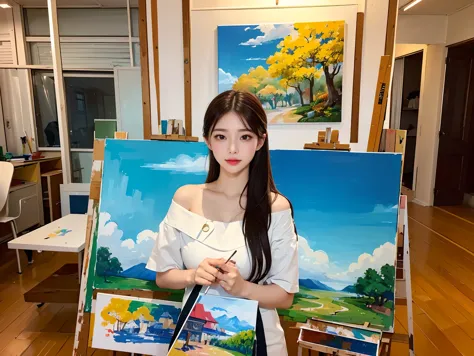 (beautiful asian female painter、Painting on canvas。with a concentrated look、Finishing a colorful landscape painting。),BREAK (A s...