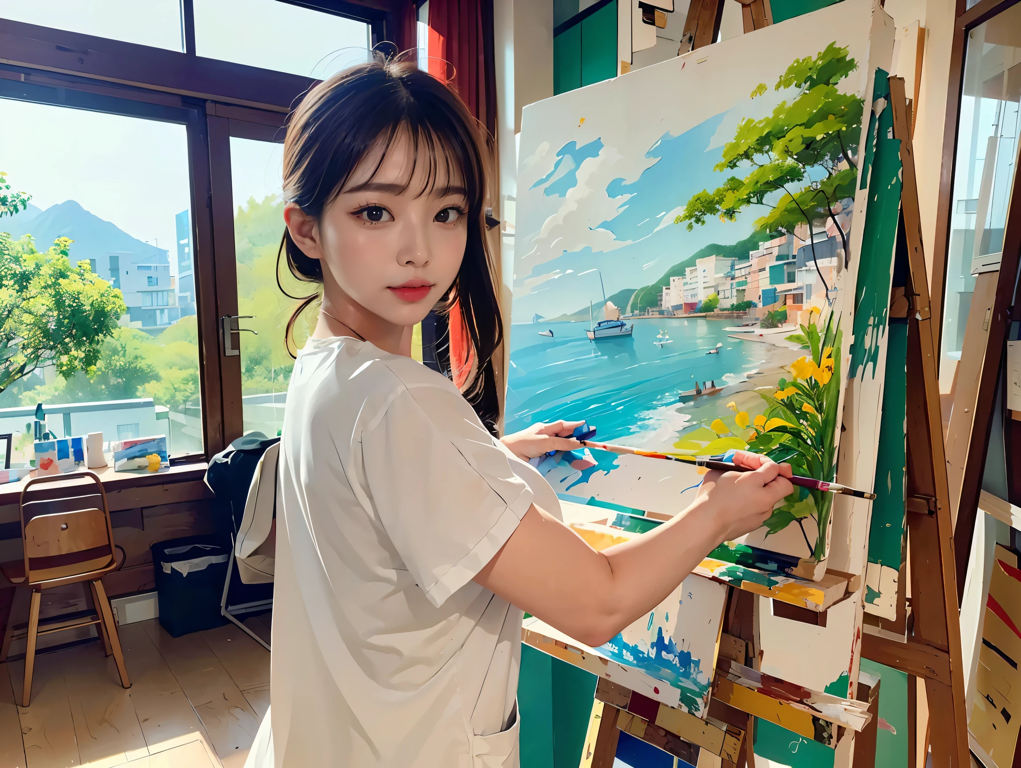 (beautiful asian female painter、paint on canvas。with a concentrated look、Completion of a colorful landscape painting。),break (A story of art and sensitivity、work in the atelier。A canvas is propped up on an easel。There are many paints on the palette。Art materials and works are displayed on the walls.。),break (In a creative and lively atmosphere、Take clear photos with standard lenses。High color saturation、Low contrast、A color that combines vibrancy and calmness..。)