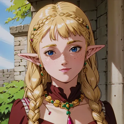 a beautiful blonde woman with elf ears and freckles with braids, with a beautiful jeweled necklace