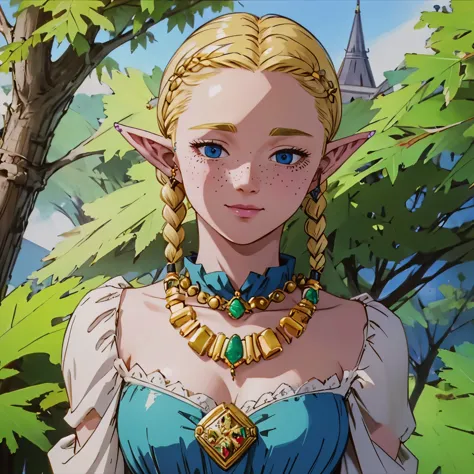 a beautiful blonde woman with elf ears and freckles with braids, with a beautiful jeweled necklace