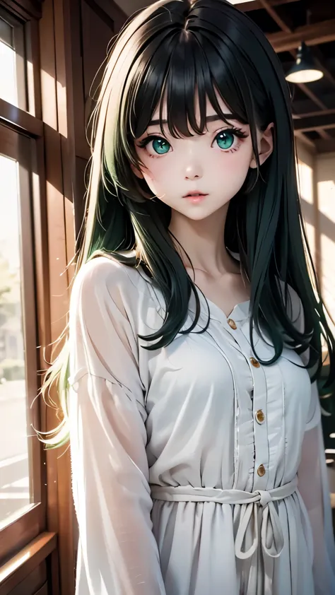 one girl、１６talent、Dark green hair、dark green eyes、Hair in the wind、messy hair、pure white background、Dark green clothes、tunic、 film grain、RAW photo、 Ilford HP5, 80mm、highest quality、ultra high resolution、master piece、background blur,Fade out beautifully