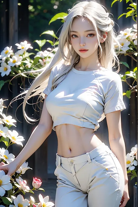 Long white hair anime girl posing in front of flowers, Realistic shadows perfect body, realism art style, Perfect shaded body, Realistic anime 3D style, Tifa Lockhart white hair, hyperRealistic shadows, photorealism art style, 🌺 CG Society, Realistic shado...