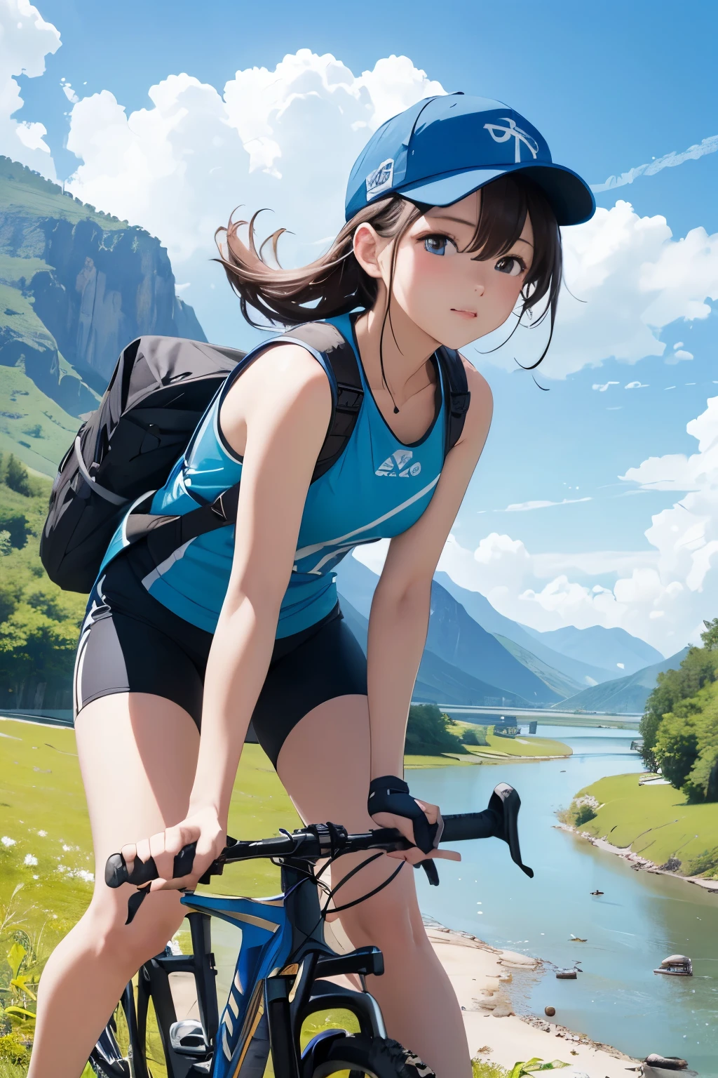 Anime girl on a bike posing for a picture in a field - SeaArt AI