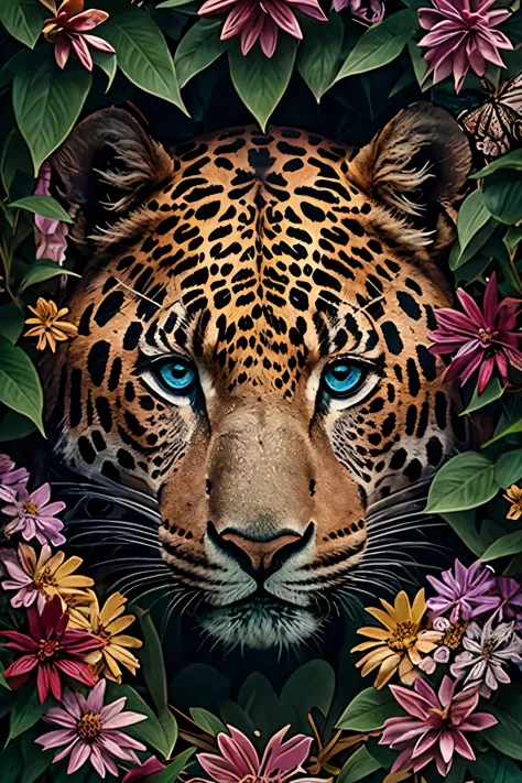 collage contemporary art, mexican jaguar head, with flowers and leaves, some brilliant insects, painted, ultra detailed, full co...