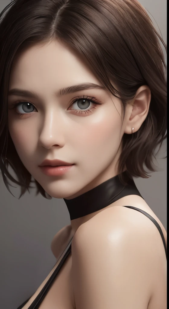 cinematic lighting、perfect、soft light、High resolution skin:1.2、realistic skin texture、30 years old mature woman、small face、no makeup、Bust B Cup、、Detailed beautiful brown eyes、short hair、dark brown hair、Cool beauty、gray background