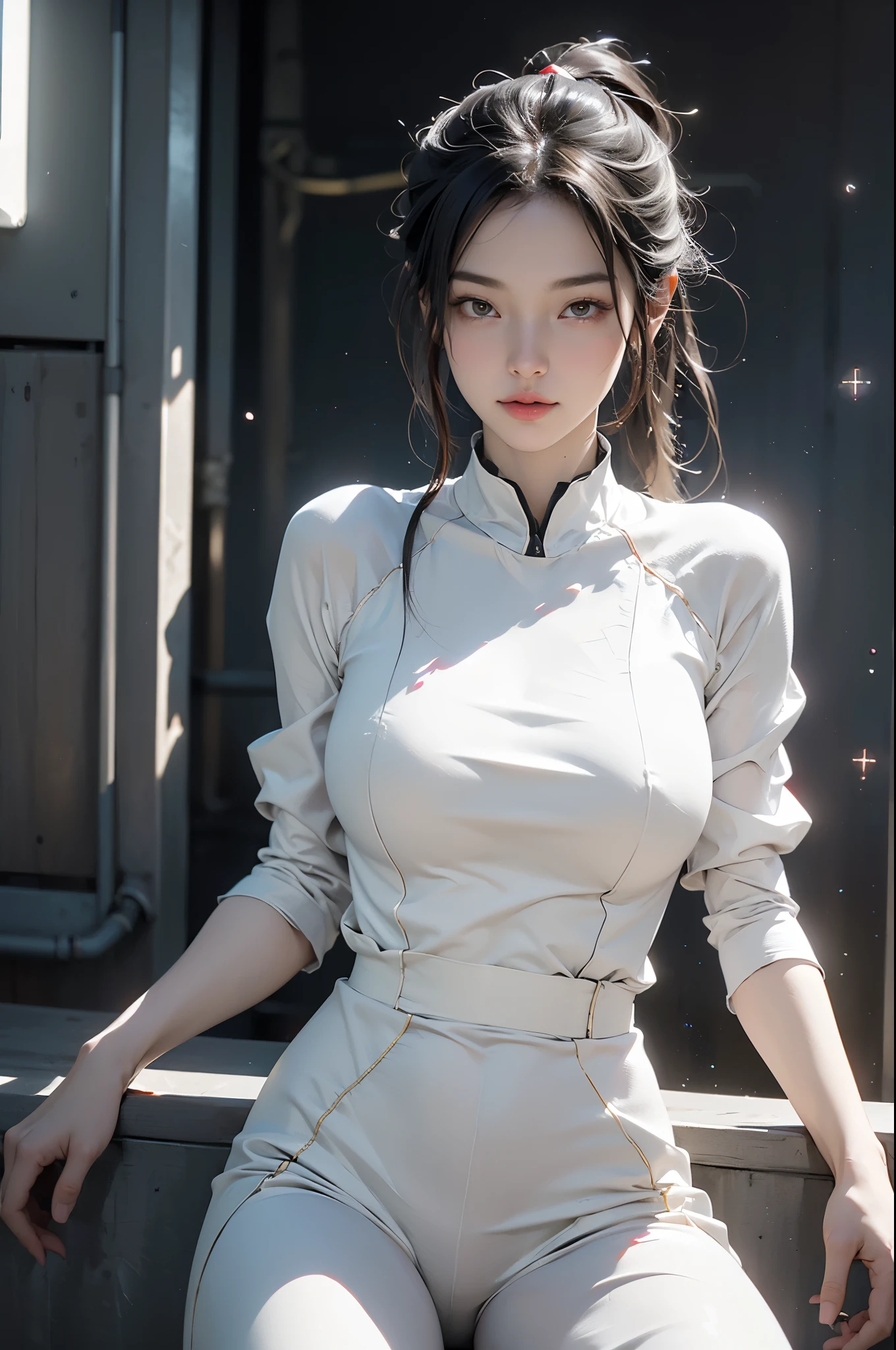 ((top quality)), ((​Masterpiece)), ((realistic)), ((Double ponytail hairstyle)),(details), (Realism:1.5), Future girl, Japanese,(body very slim), (white jumpsuit), 14 years,Height 143 cm,lamp on armor, Cybernetic headdress, exposed abdomen,looking at camera, dynamic poses, Science fiction, north african trade zone, Ray tracing, NVIDIA RTX, super resolution, Unreal 5, subsurface scattering, PBR texture, Post-processing, Anisotropic filtering, depth of field, Maximum clarity and sharpness, rule of thirds、8K original、(glowing particles:1.4)、(Extremely detailed CG、Unity 8k wallpaper、。.。.3D、like the same lights、lens flare)、reflected light、cyberpunk art、cyberpunk architecture、(huge breasts:1.2)