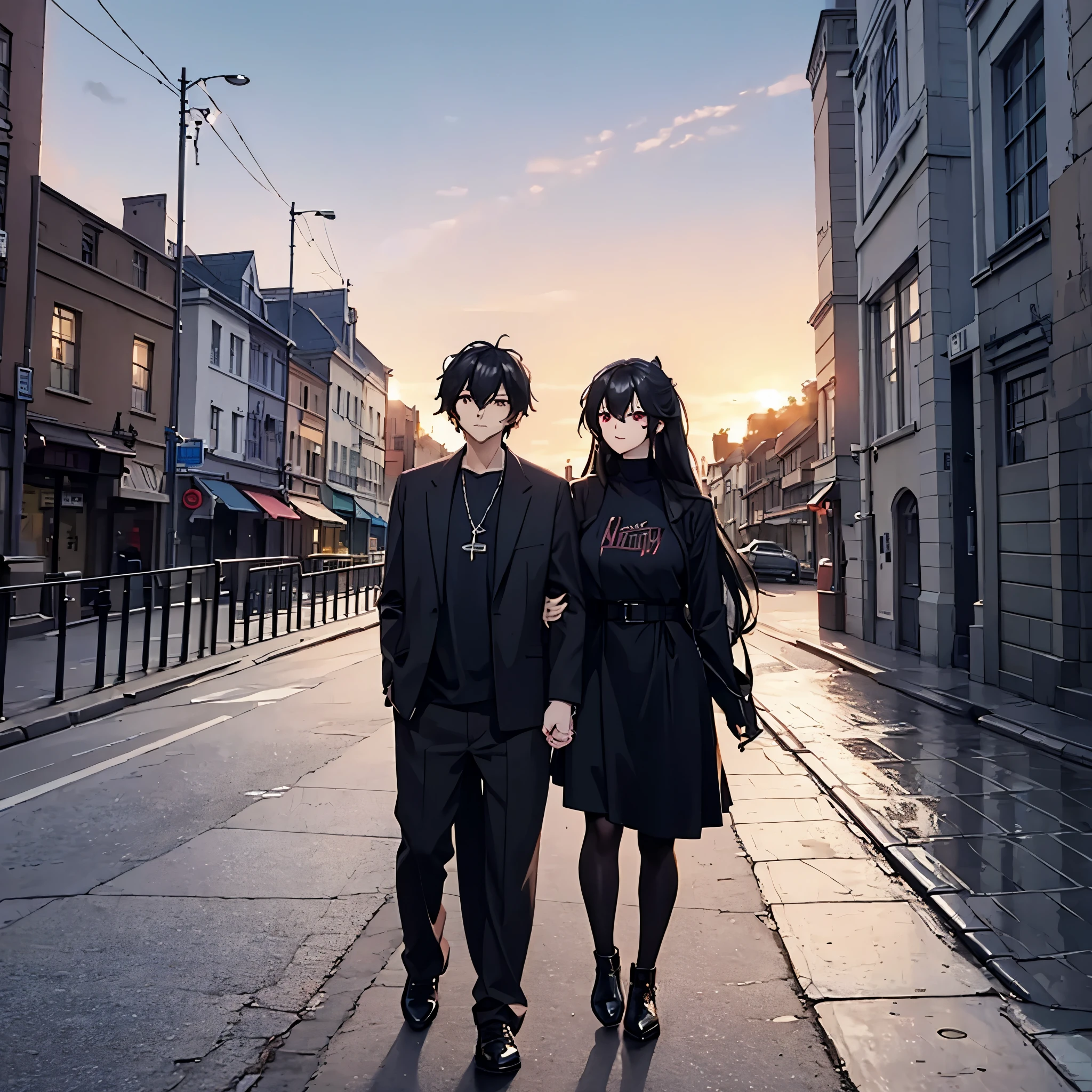 a man together with a woman (eye red) in casual clothes, walking in a modern city at sunset

