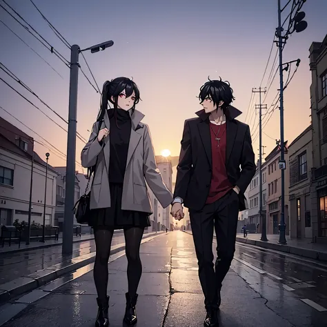 a man together with a woman (eye red) in casual clothes, walking in a modern city at sunset

