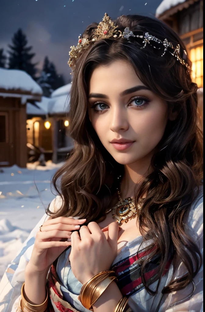 Young Russian woman, saree, garden, night, detailed body, detailed face, ultra realistic, charming, cute, big hazel eyes with long curly hair, perfect fingers, ambient lighting, winter, detailed background, 8k