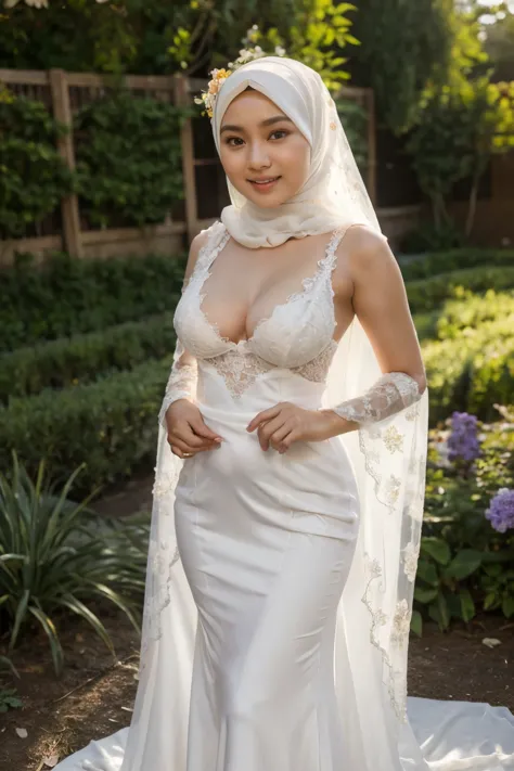 Beautiful, cute baby Face, 17 Years old indonesian Girl, ((wearing hijab)), wearing sexy wedding dress, cleavage cutout, medium breast, White Skin, Smiling, flower garden Background, day light, full body, Perfect Potrait, Bokeh Effect, Look at Viewer, Brac...