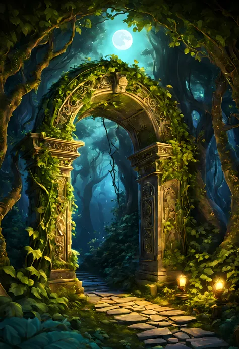 (Cute cartoon style:1.4), masterpiece in maximum 16K resolution. | A magical archway amidst the ancient forest clearing bathed i...