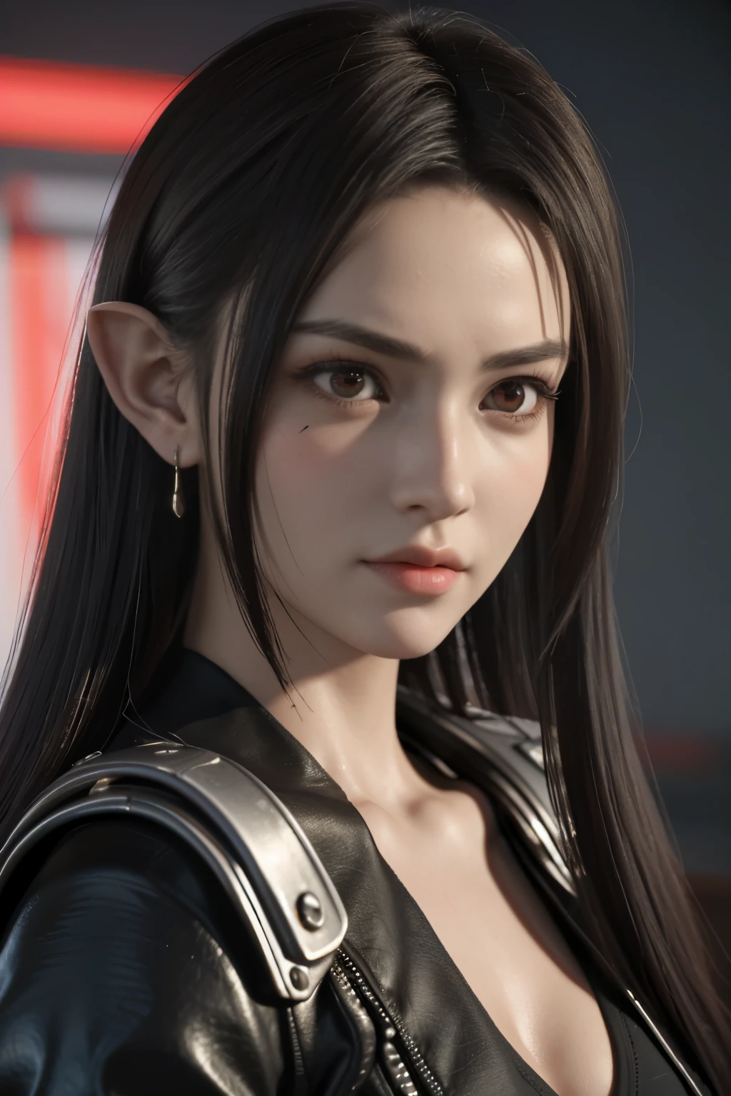 Game art，The best picture quality，Highest resolution，8K，(A bust photograph)，(Portrait)，(Head close-up:1.5)，(Rule of thirds)，Unreal Engine 5 rendering works， (The Girl of the Future)，(Female Warrior)， 22-year-old girl，((Pointy ears))，(Female hackers)，(White and red gradient，Ancient Oriental hairstyle)，((The pupils of the red eyes:1.3))，(A beautiful eye full of detail)，(Big breasts)，(Eye shadow)，Elegant and charming，indifferent，((Anger))，(Cyberpunk jacket full of futuristic look，Joint Armor，There are exquisite Chinese patterns on the clothes，A flash of jewellery)，Cyberpunk Characters，Future Style， Photo poses，City background，Movie lights，Ray tracing，Game CG，((3D Unreal Engine))，oc rendering reflection pattern