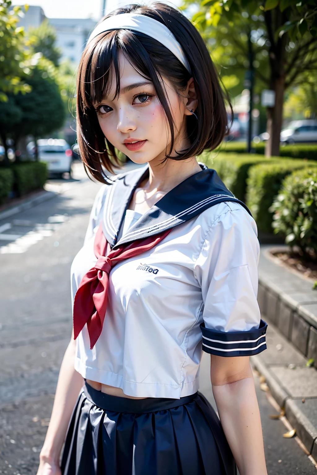 Body 8 times longer than head, (High-definition CG Unity 8K), (highest quality)，(very detailed)，(ultra high resolution), black hair, sailor suit, Navy blue sailor suit, High school girl wearing a sailor suit, Dark blue skirt, anime 2d rendering, realistic young anime , ((white headband)), small breasts, tall, slanted eyes, (school scenery), black stockings, during the day, open your mouth a little, smile, bob cut, face detail drawing, 