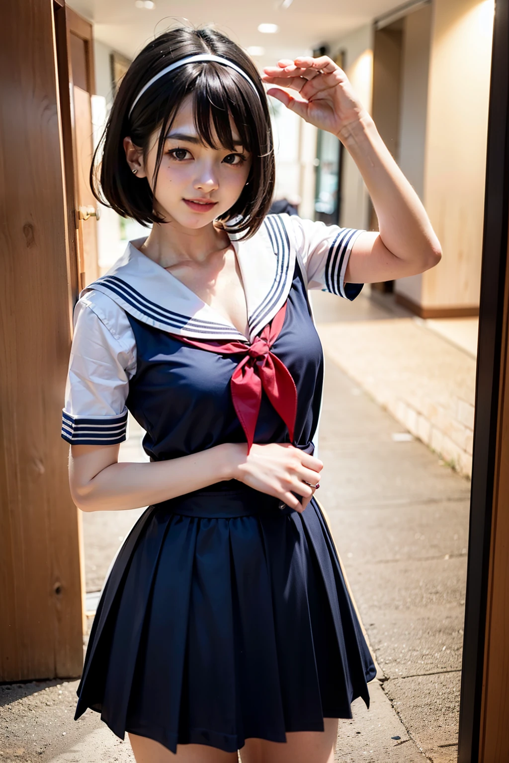 Body 8 times longer than head, (High-definition CG Unity 8K), (highest quality)，(very detailed)，(ultra high resolution), black hair, sailor suit, Navy blue sailor suit, High school girl wearing a sailor suit, Dark blue skirt, anime 2d rendering, realistic young anime , ((white headband)), small breasts, tall, slanted eyes, (school scenery), black stockings, during the day, open your mouth a little, smile, bob cut, face detail drawing, small face, 