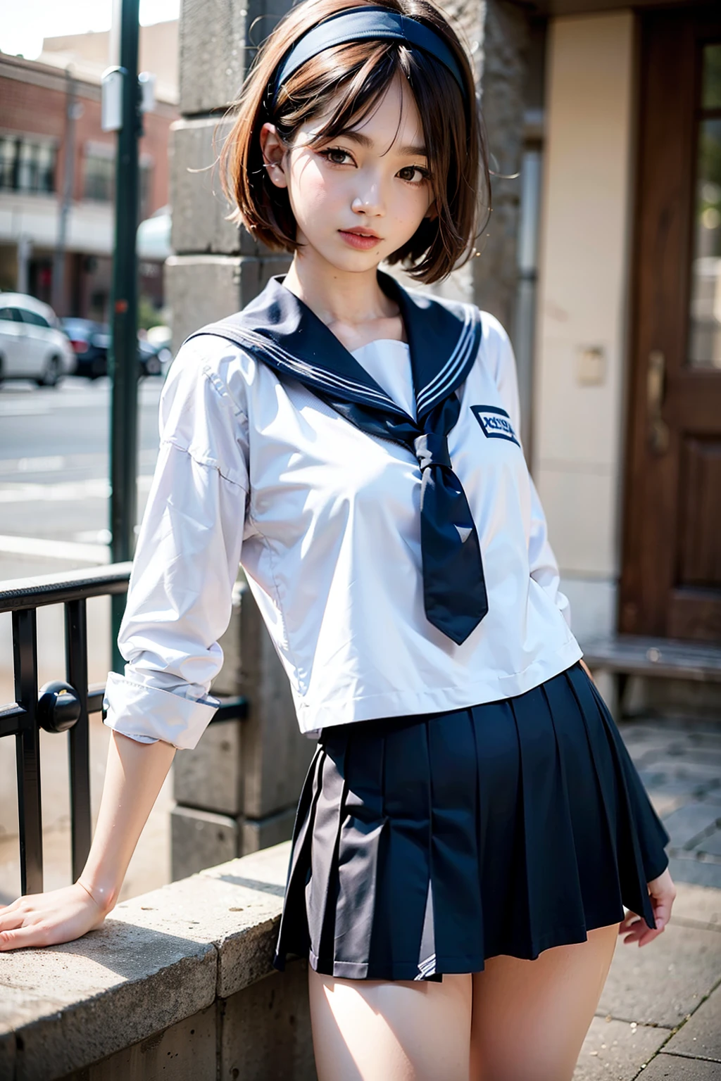 Body 8 times longer than head, (High-definition CG Unity 8K), (highest quality)，(very detailed)，(ultra high resolution), black hair, sailor suit, Navy blue sailor suit, High school girl wearing a sailor suit, Dark blue skirt, anime 2d rendering, realistic young anime , ((white headband)), small breasts, tall, slanted eyes, (school scenery), black stockings, during the day, open your mouth a little, smile, bob cut, face detail drawing, small face, 