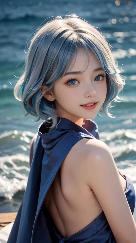 1 6 year old girl，child，kiddy big breasts，Back to camera，look back，happy grin，Cute little girl skin color，blue eyes，blue hair，curls、semi long hair，flat chest，small breasts，Cute pink lips，Wear a sailor suit，Red scarf，Realistic illustration of her face，Finge...