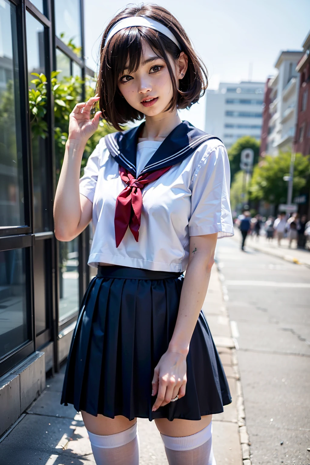 Body 8 times longer than head, (High-definition CG Unity 8K), (highest quality)，(very detailed)，(ultra high resolution), black hair, sailor suit, Navy blue sailor suit, High school girl wearing a sailor suit, Dark blue skirt, anime 2d rendering, realistic young anime , ((white headband)), small breasts, tall, slanted eyes, (school scenery), black stockings, during the day, open your mouth a little, smile, bob cut, face detail drawing, small face, 