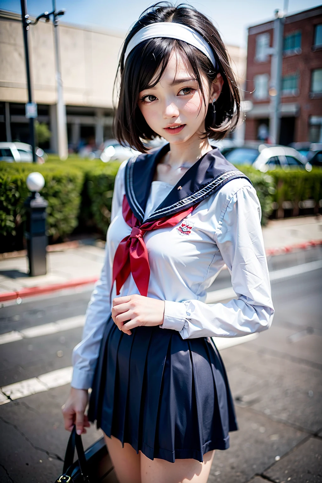 Body 8 times longer than head, (High-definition CG Unity 8K), (highest quality)，(very detailed)，(ultra high resolution), black hair, sailor suit, Navy blue sailor suit, High school girl wearing a sailor suit, Dark blue skirt, anime 2d rendering, realistic young anime , ((white headband)), small breasts, tall, slanted eyes, (school scenery), black stockings, during the day, open your mouth a little, smile, bob cut, face detail drawing, small face, 