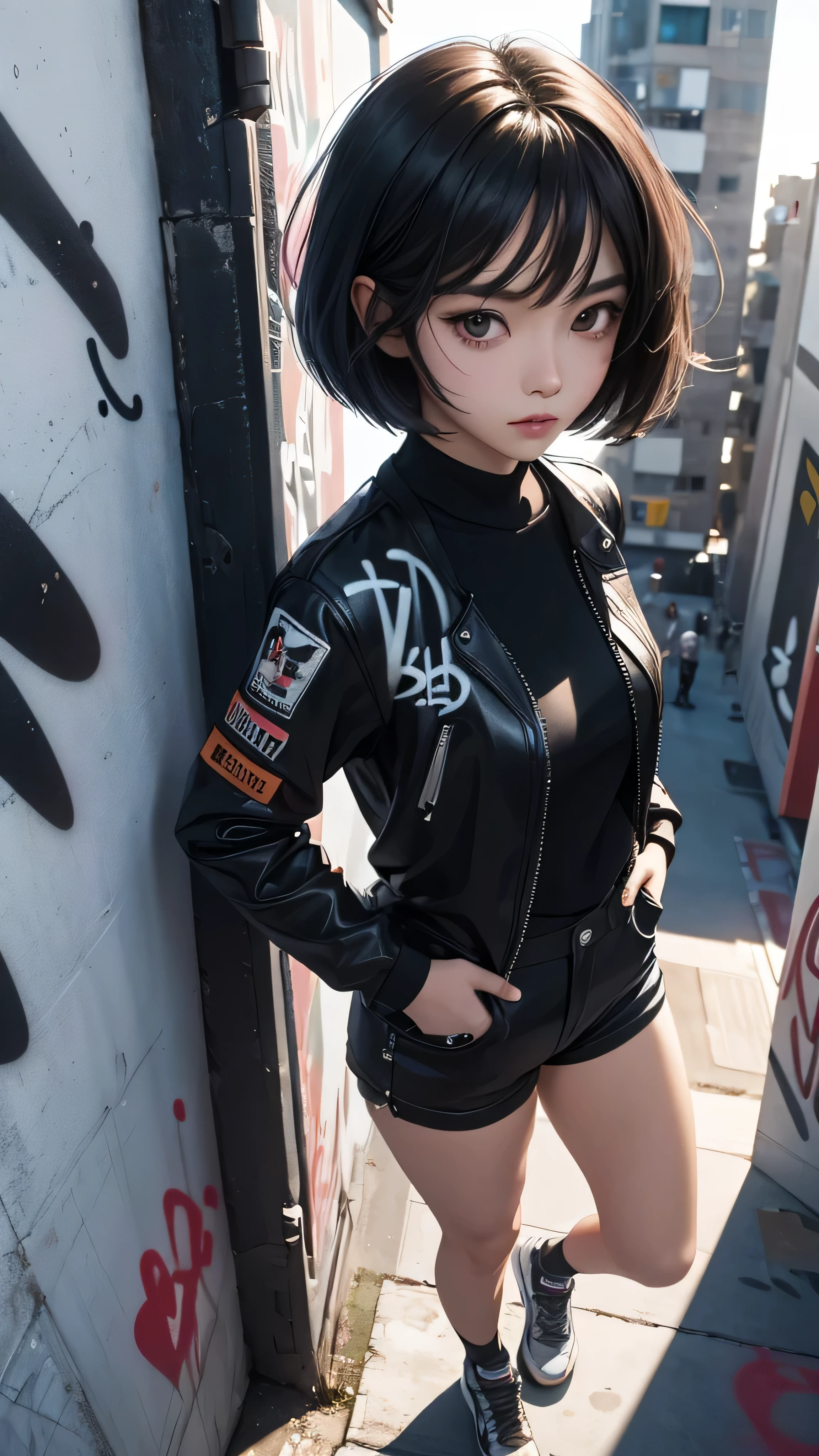 ((Highly detailed CG unit 8k wallpaper, masterpiece, High resolution, highest quality)), (beautiful woman with bob cut hair, put one&#39;Hand in hand&#39;pocket of:1.5, Street fashion, riders jacket, Black Leather Micro Shorts:1.2, sneakers), ((highly detailed face, Highly detailed black eyes, detailed body, highest qualityのリアルテクスチャスキン)), (black hair, , white skin, ), (graffiti wall:1.5), (high angle:1.2, Fisheye:1.3), surreal, digital painting, concept art,