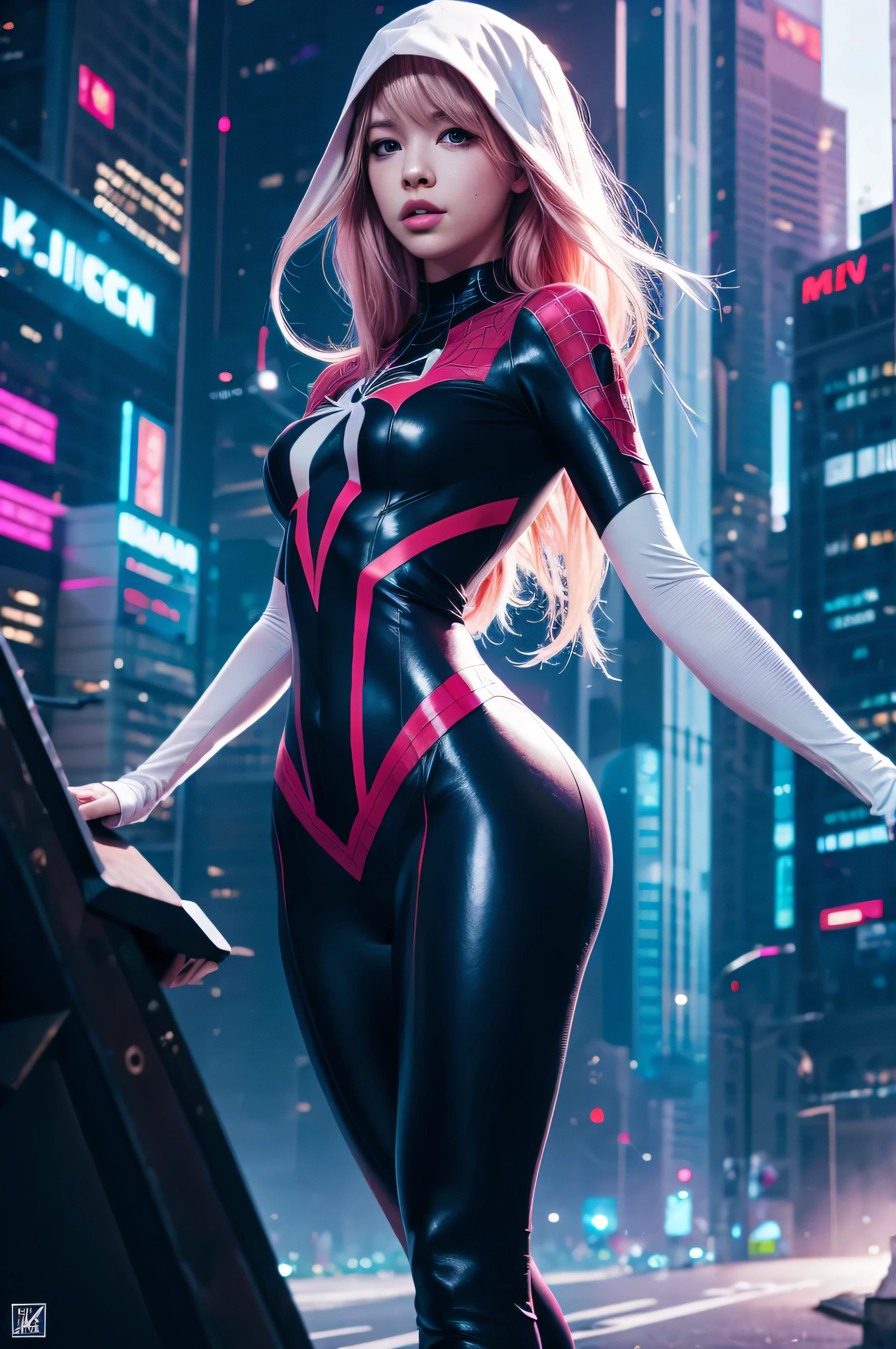 A woman in a black and pink suit standing on a city street - SeaArt AI