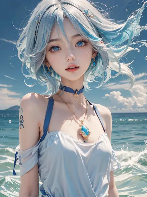 1girl、solo、looking at the audience、Smile、medium long hair、open mouth、Bangs、blue eyes、bare shoulders、jewelry、Upper body、blue hair、earrings、O cabelo multicolorido、collar、virtual_youtuber、Vest、water、Off the shoulders、striped hair、tattoo、Floating hair、Headband...