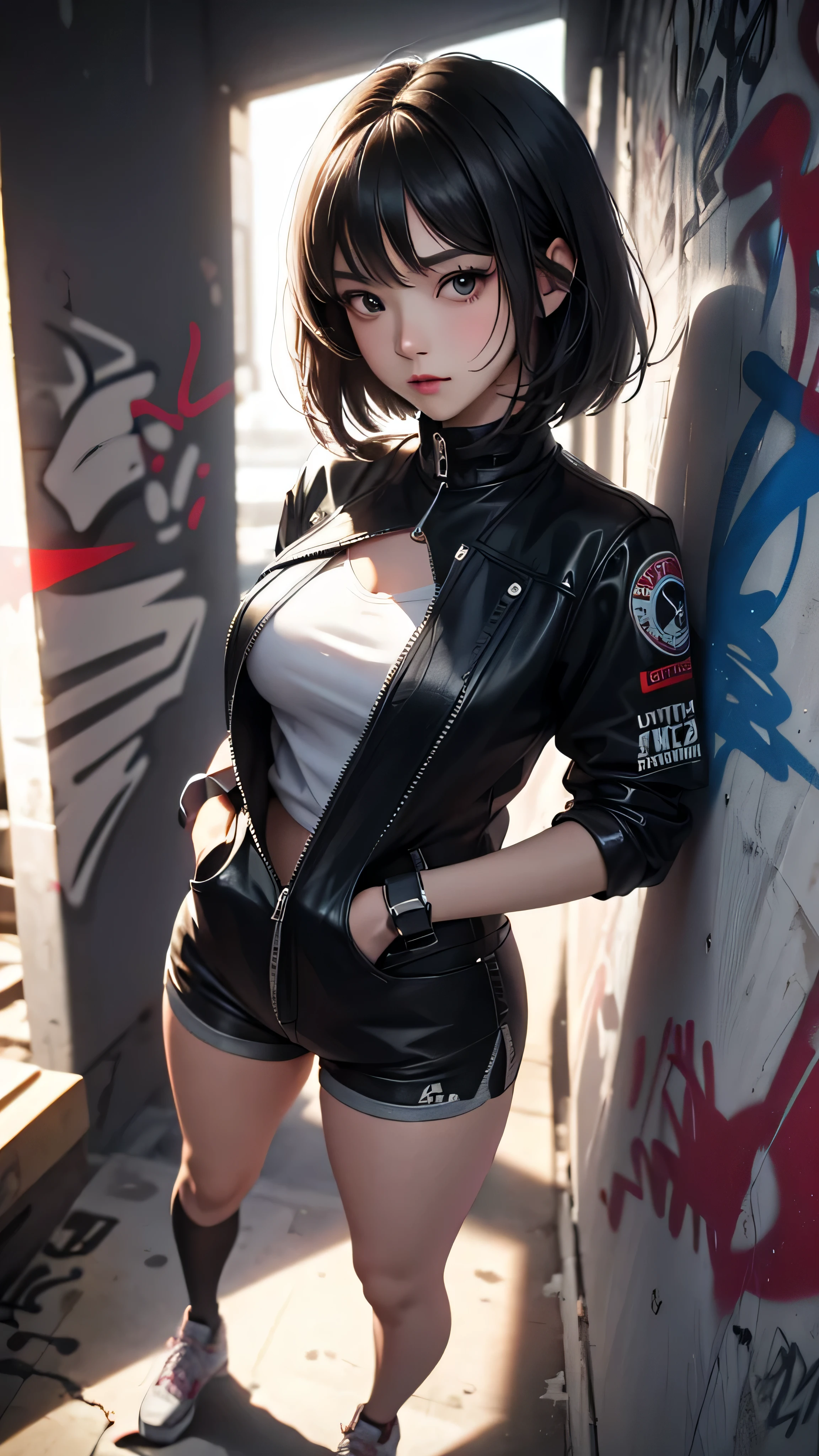 ((Highly detailed CG unit 8k wallpaper, masterpiece, High resolution, highest quality)), (beautiful woman with bob cut hair, put one&#39;Hand in hand&#39;pocket of:1.5, Street fashion, riders jacket, Black Leather Micro Shorts:1.2, sneakers), ((highly detailed face, Highly detailed black eyes, detailed body, highest qualityのリアルテクスチャスキン)), (black hair, , white skin, ), (graffiti wall:1.5), (high angle:1.2, Fisheye:1.3), surreal, digital painting, concept art,