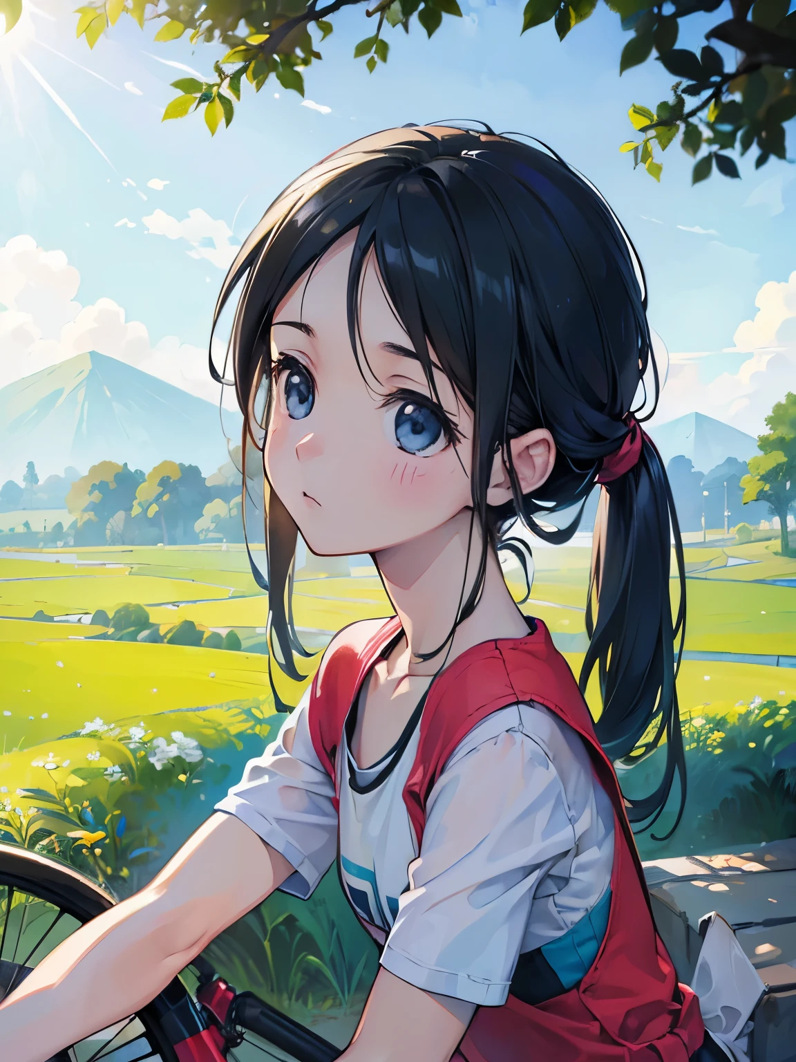 (bike: 1.5), (realistic bike: 1.5), (realistic cyclist: 1.5), cyclist back in foreground, Lofi Landscape, naturey, floor, forst, clareira, undergrowth, landscape background, eyeshadows, sharp contrast, makoto shinkai (best qualityer:1.3), (high refloorution:1) Arte por Studio Ghibli Style, swirly vibrant colors, impressionalism