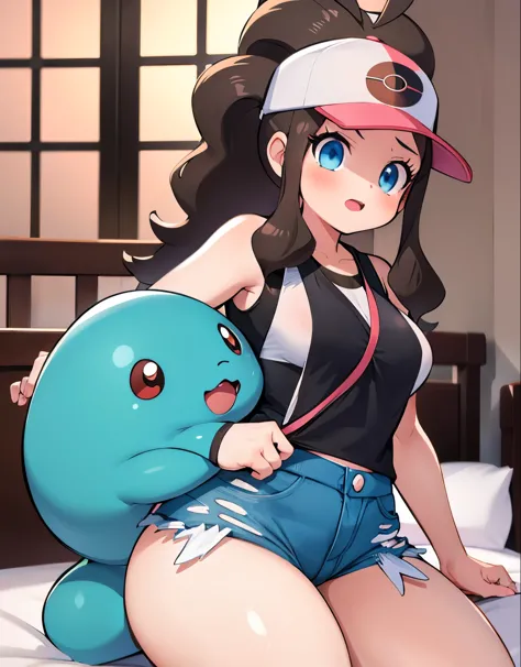 Hilda Pokemon, curvy body, beautiful detailed eyes, visible thighs, thick thighs, bedroom, prostitute, an elderly man leaning on her from behind and picking her up, striking various poses.