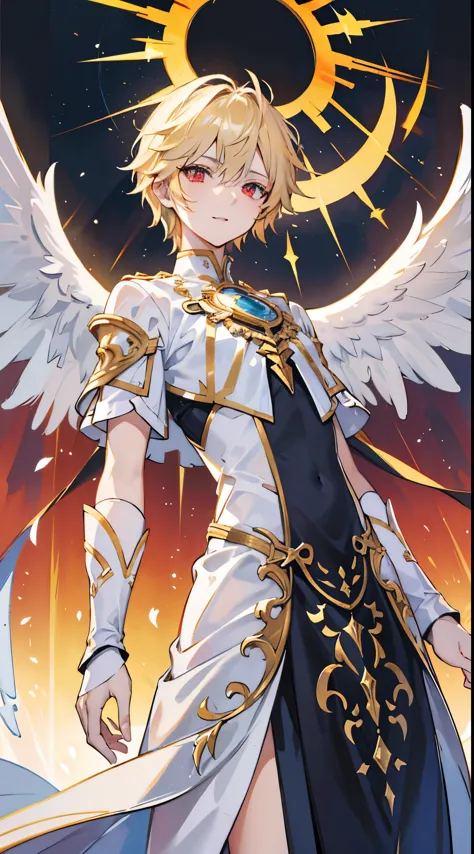 Angelic androgynous tall boy God conqueror, soaring through the sky with a ((laugh)) that echoes across the universe, draining it of its magic and energy, blonde hair cascading down thin, pretty, beautiful, perfect, almost ethereal features, a watercolor p...