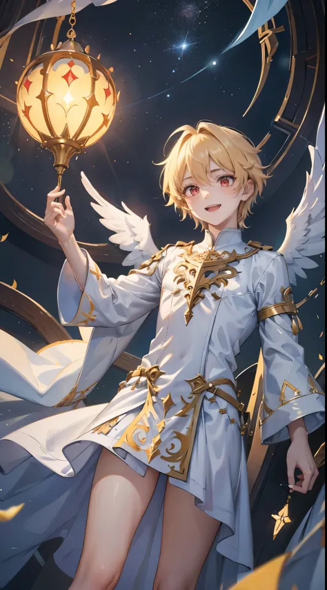 Angelic boy God conqueror despot tyrant, soaring through the sky with a ((laugh)) that echoes across the universe, draining it of its magic and energy, blonde hair cascading down thin, pretty, beautiful, perfect, almost ethereal features, a watercolor pain...