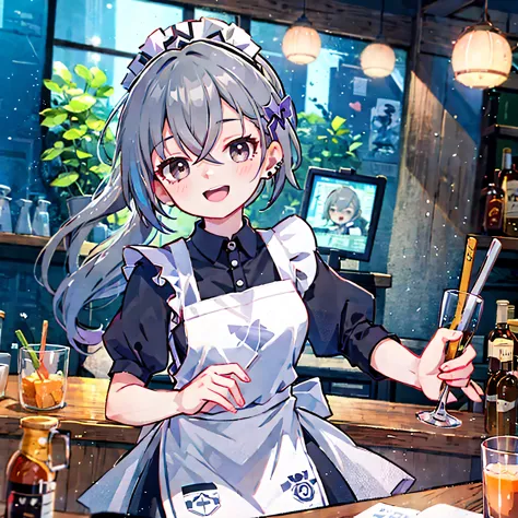 1 girl, silver wolf \(honkai: star orbit\), drill ponytail, maid, maid headdress, maid apron, happy, open mouth, looking at the ...