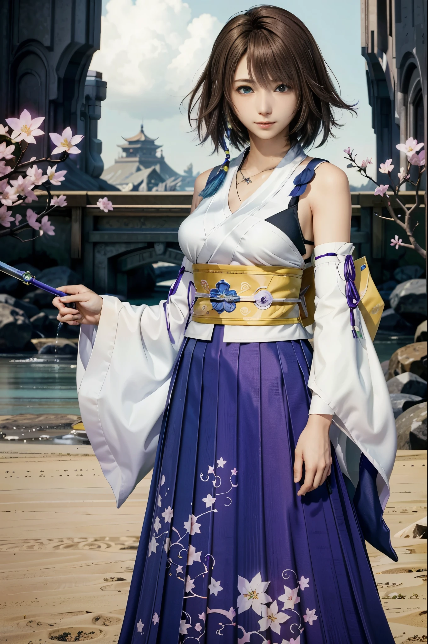 (masterpiece, best quality:1.3)
YunaFF10,  1girl, solo, looking at viewer, smile, short hair, blue eyes, skirt, brown hair, hair ornament, jewelry, underwear, green eyes, standing, full body, boots, detached sleeves, japanese clothes, bra, heterochromia, hakama, hakama skirt, blue hakama, purple hakama, yuna (ff10)