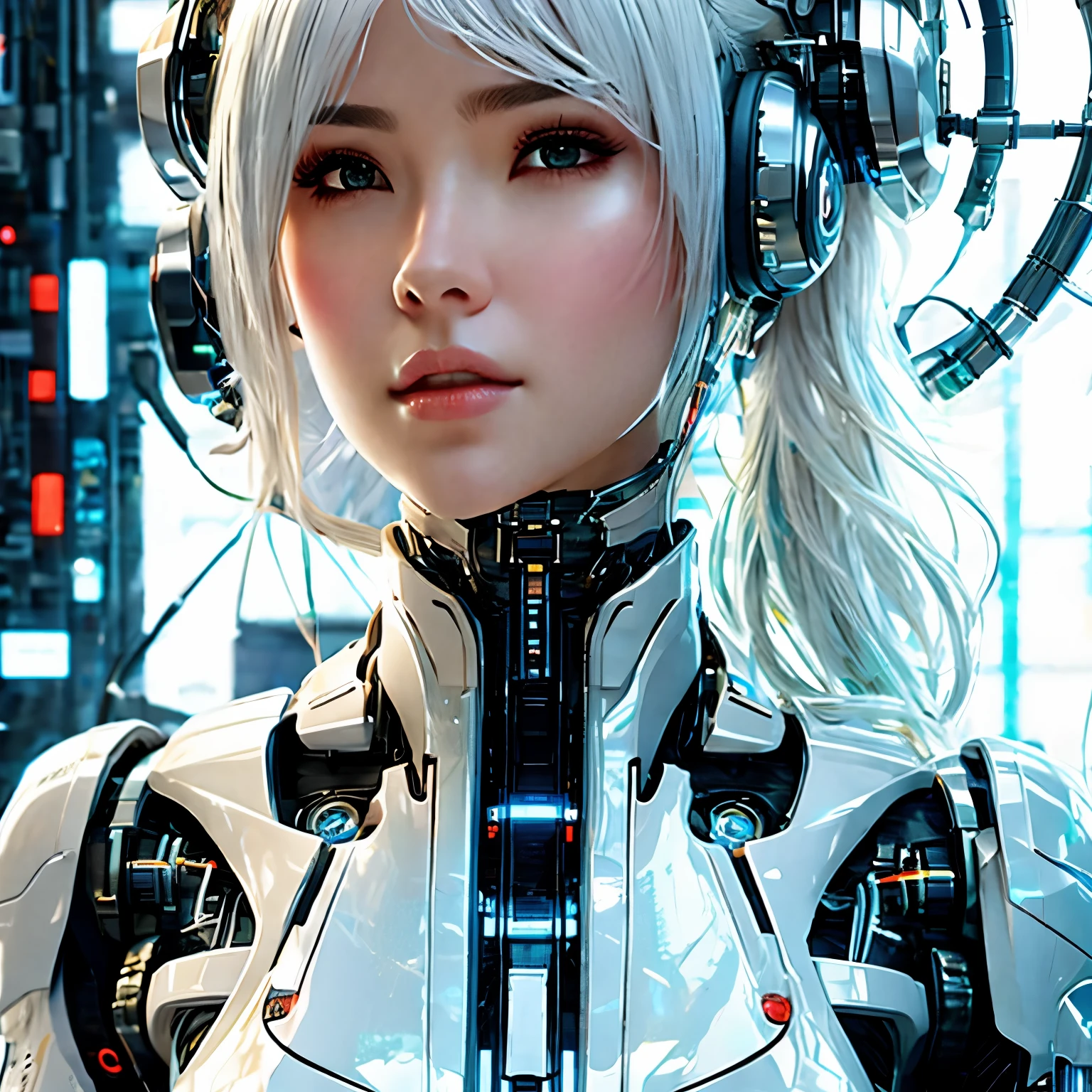 a close up of a woman with headphones on and a futuristic suit, cyberpunk art inspired by Marek Okon, cgsociety contest winner, digital art, beutiful white girl cyborg, beutiful girl cyborg, cyborg - girl with silver hair, perfect android girl, cute cyborg girl, cyborg - girl, cyborg girl, beautiful female android, beautiful android woman, beautiful cyborg girl