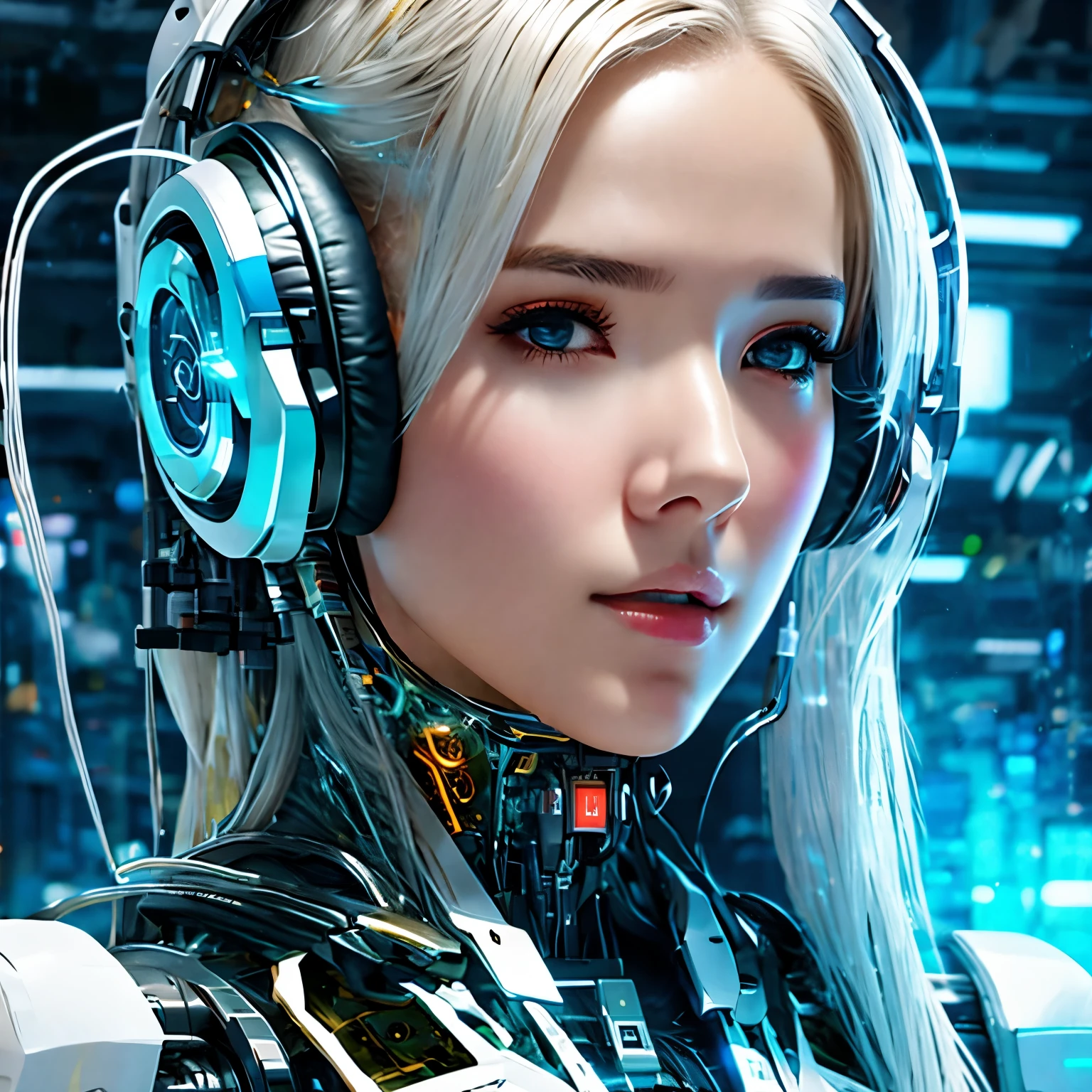 um close de uma mulher com fones de ouvido e um terno futurista, arte cyberpunk inspirada em Marek Okon, vencedor do concurso cgsociety, arte digital, linda garota branca ciborgue, linda garota ciborgue, ciborgue - garota with silver hair, garota andróide perfeita, cute garota ciborgue, ciborgue - garota, garota ciborgue, Linda andróide feminina, linda mulher andróide, beautiful garota ciborgue