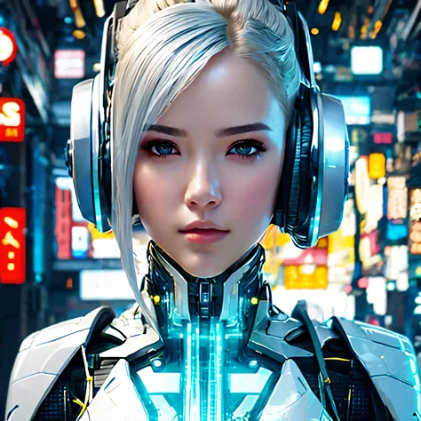 a close up of a woman with headphones on and a futuristic suit, cyberpunk art inspired by Marek Okon, cgsociety contest winner, ...