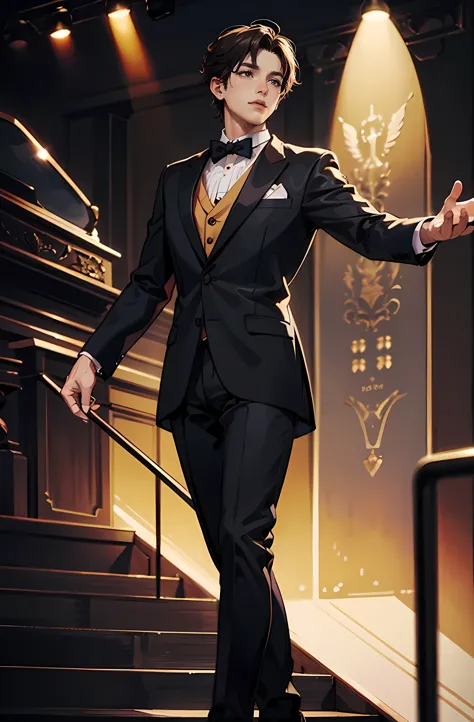 (confused, High resolution, Super detailed, realistic, ), 1 A handsome man wearing a tuxedo, whole body, positive, conductor, co...