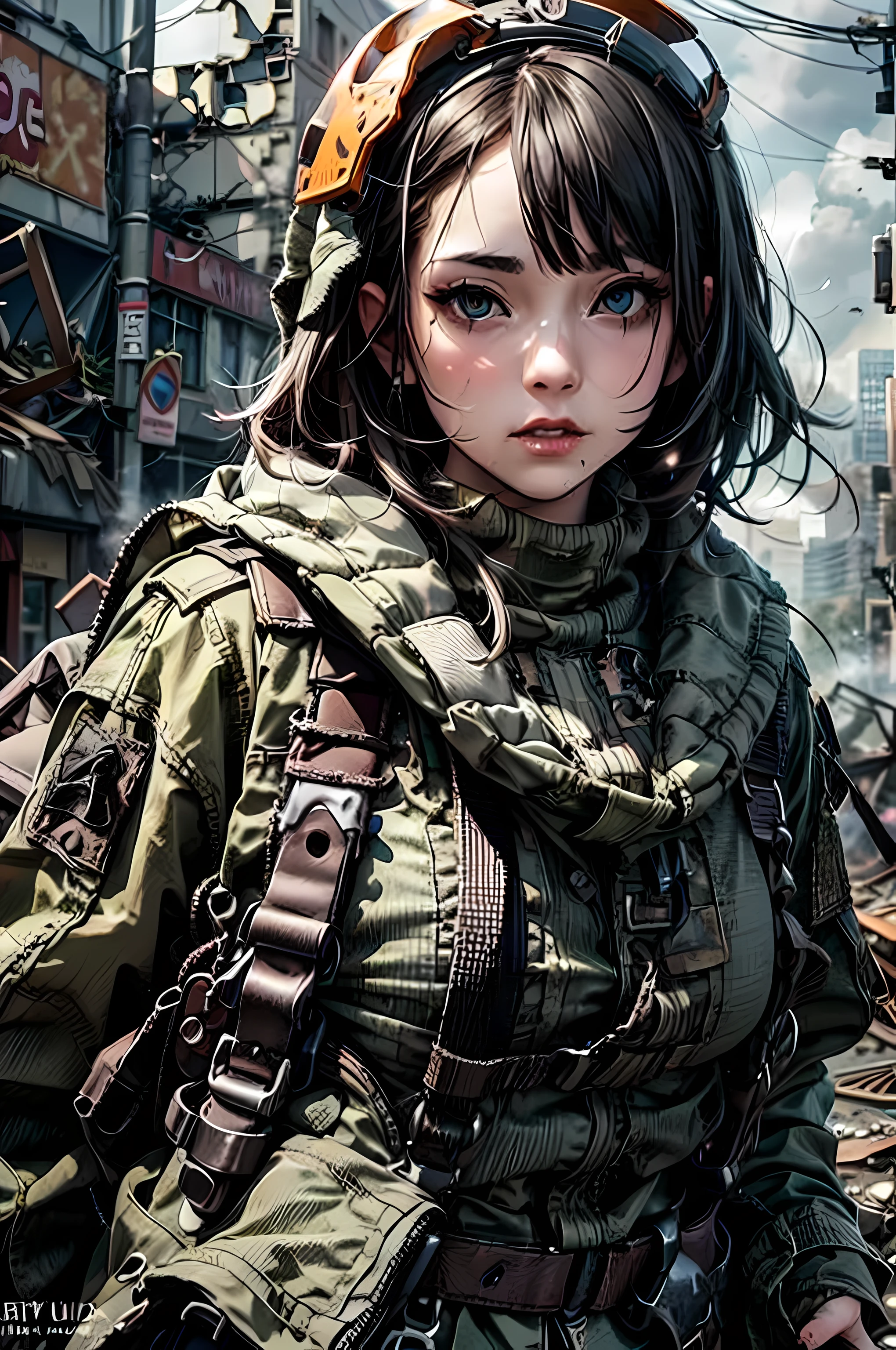 enlargement,masterpiece, best quality, high resolution, Rich details, 8 thousand, extreme light and shadow, Image of a beautiful young woman,wearing tactical gear, Holding AK47 with both hands, Walking through the deserted streets of a collapsed city, postapocalypse, smoke and fog in the air, yellow gray sky covered with toxic clouds, collapsed buildings, Broken streets, tall body, detailed face, detailed eyes, cold face, dirty, (postapocalypse theme),