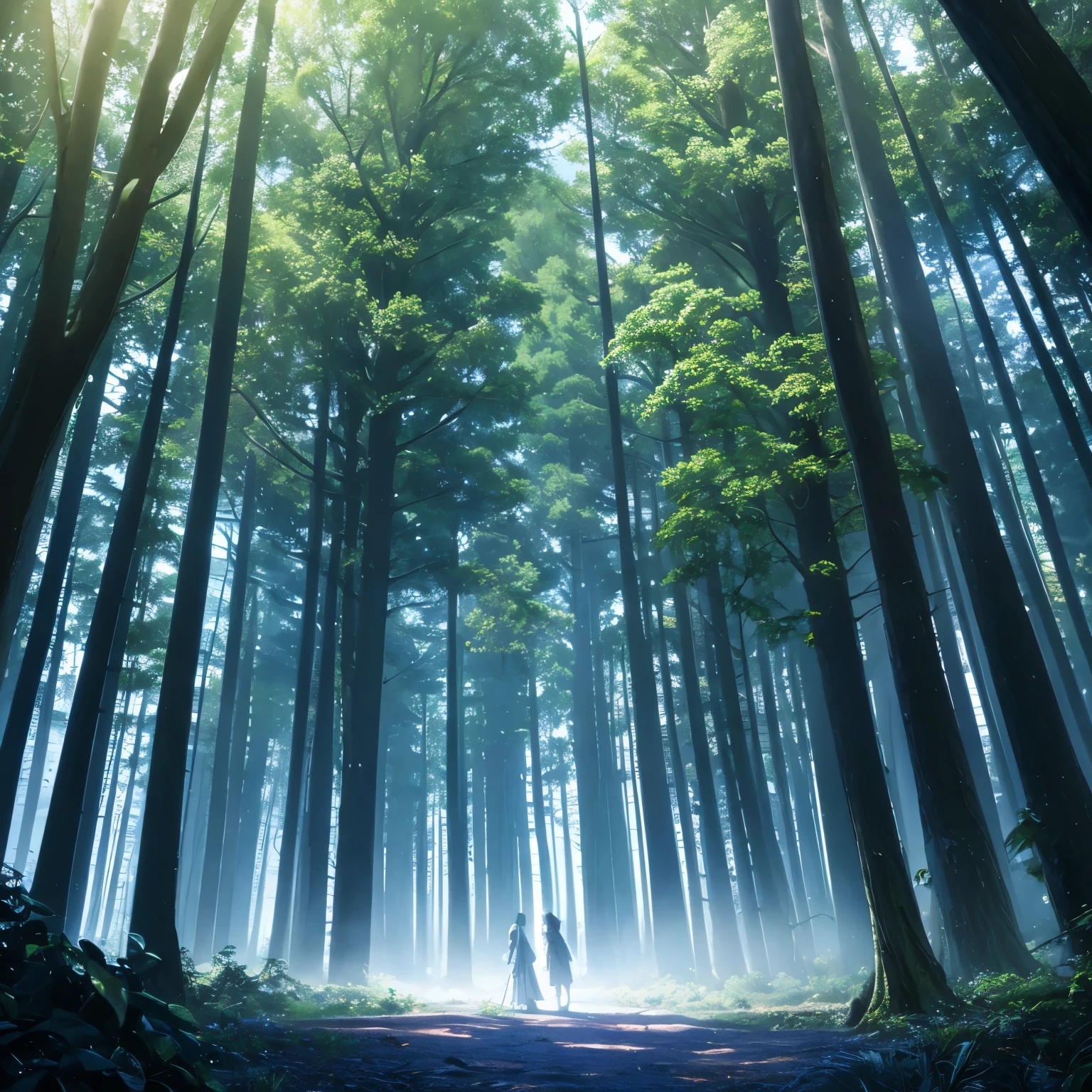 Une forêt mystique avec des arbres géants et des êtres magiques cachés parmi les branches, 8k, haute qualité  