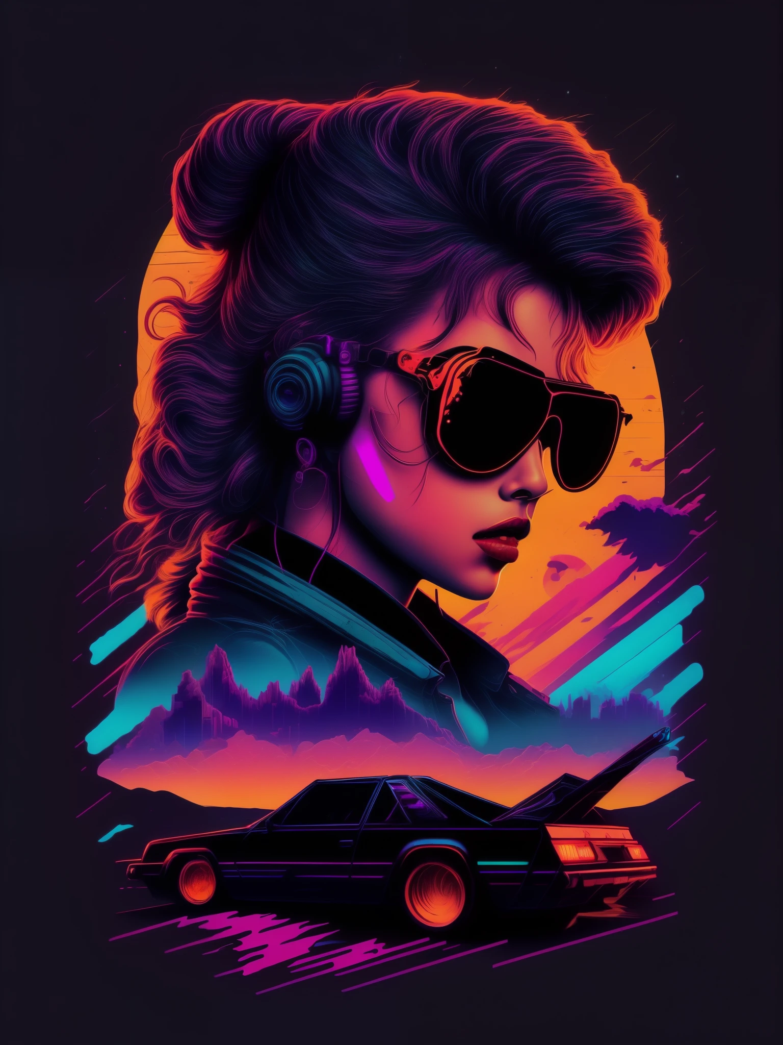 Hot Girl, car, vectorized, synthwave, purple blue red orange, bright neon colors on a dark background,