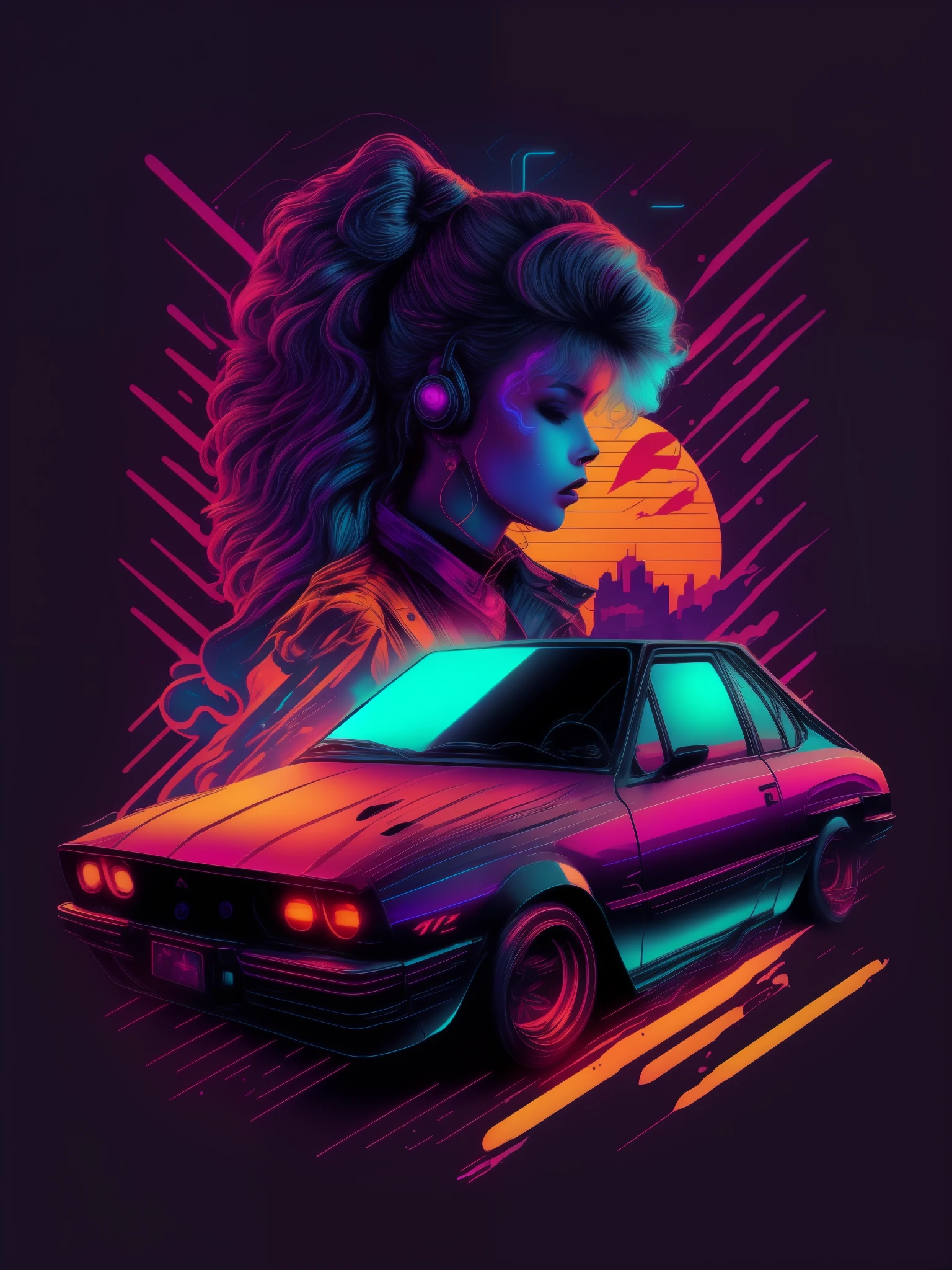 Hot Girl, car, vectorized, synthwave, purple blue red orange, bright neon colors on a dark background,