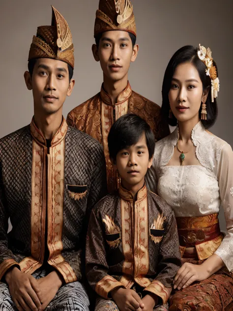 A Javanese family of four (father, mother, 18-year-old son, and 10-year-old son) is posing in a studio for a portrait, The father is wearing a blangkon (Javanese headdress) and a beskap (Javanese men's formal shirt),
The mother is wearing a kebaya (Javanes...