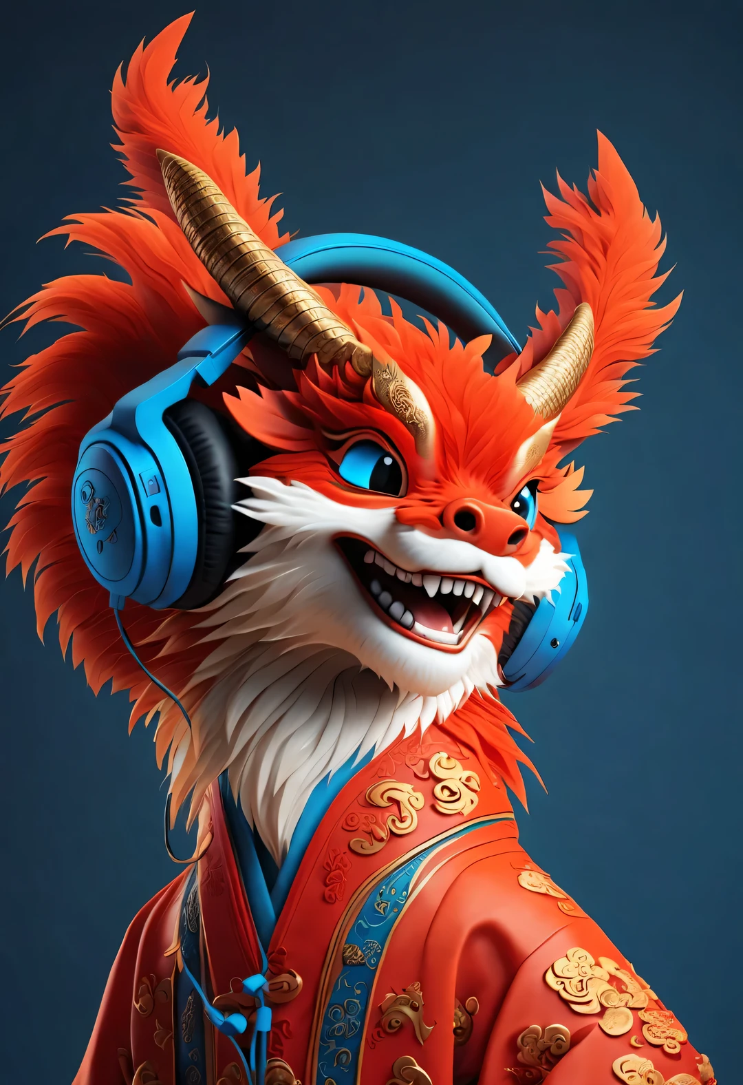 การเรนเดอร์ 3 มิติ, ขนที่สมจริง, วอลล์เปเปอร์สีแดง, สไตล์โมเดิร์นเรียบง่าย, วอลล์เปเปอร์ที่สวยงาม, ภาพเหมือน,
(A cute anthropomorphic Chinese zodiac dragon การสวมหูฟัง laughing mischievously), ขนสีส้ม, ดวงตาสีฟ้าขนาดใหญ่, หรี่ตาและยิ้มอย่างเจ้าเล่ห์, (สวมชุดฮันฟูสีแดงชาด), (การสวมหูฟัง), front ภาพเหมือน, (มองที่กล้อง), เสื้อผ้าแบบดั้งเดิมผสมผสานกับอุปกรณ์ที่ทันสมัย, ปักกิ่ง, 🦑  ออกแบบ, 杂志ออกแบบ风格,
