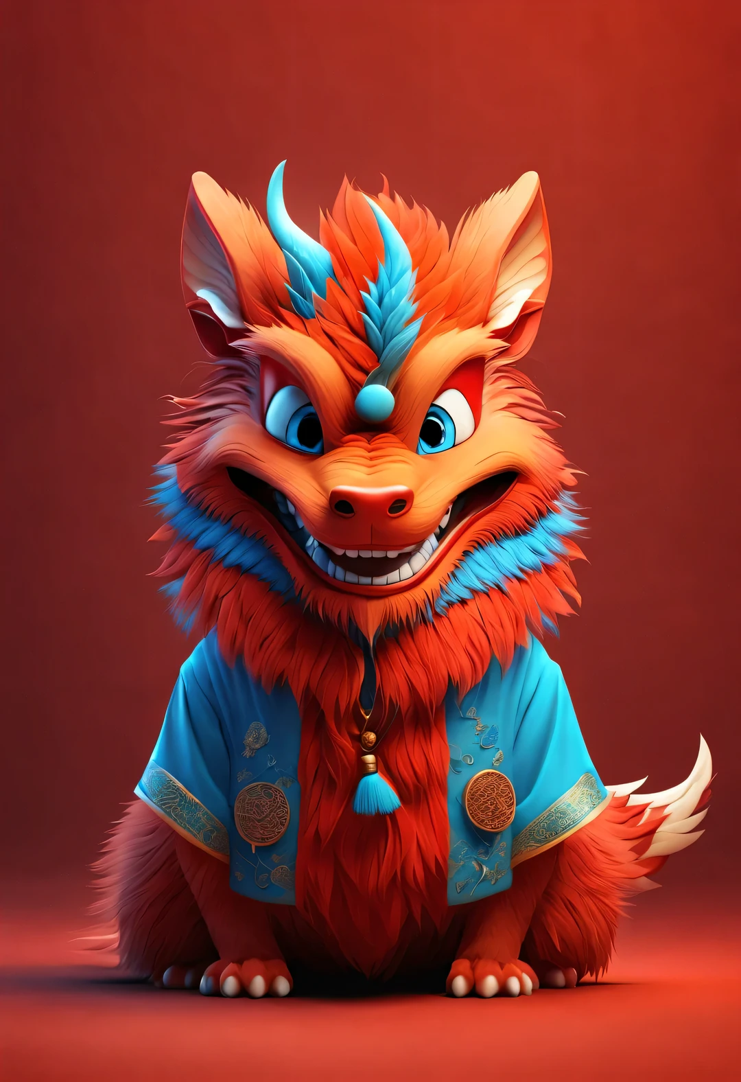 3d rendering, realistic fur, red wallpaper, Simple modern style, beautiful wallpaper,portrait，（Cute anthropomorphic zodiac dragon is smiling mischievously），orange fur, big blue eyes, Narrow your eyes and smile mischievously , (Wearing vermilion Hanfu）， （headphones on head）, ，Slender and well-proportioned, Portrait on the front, (looking at camera), Beijing, 🦑 design, Magazine design style,
