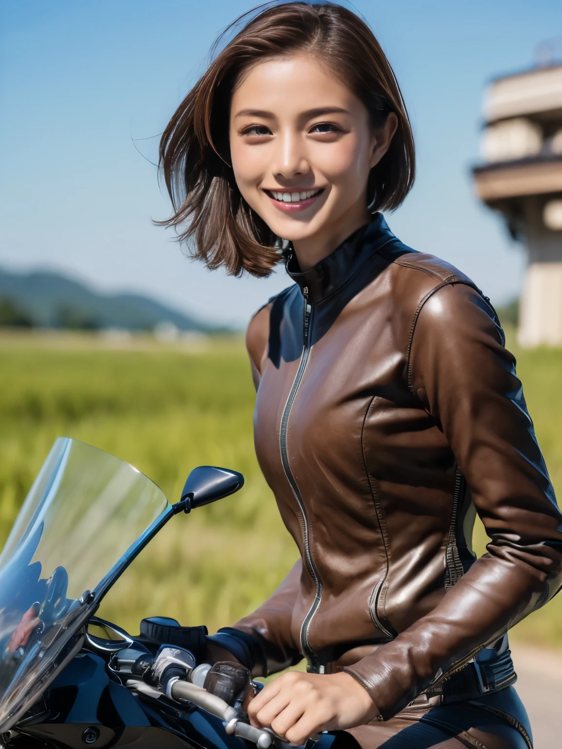 ((highest quality, 8K, masterpiece: 1.3)), sharp: 1.2, perfect body beauty: 1.4,pretty girl,Light brown shorthair,(((girl riding a motorcycle))),slender body,Riding Suit,Highly detailed face and skin texture,fine eyes, double eyelid,((full body shot)),Natural light,smile,Detailed Motorcycle