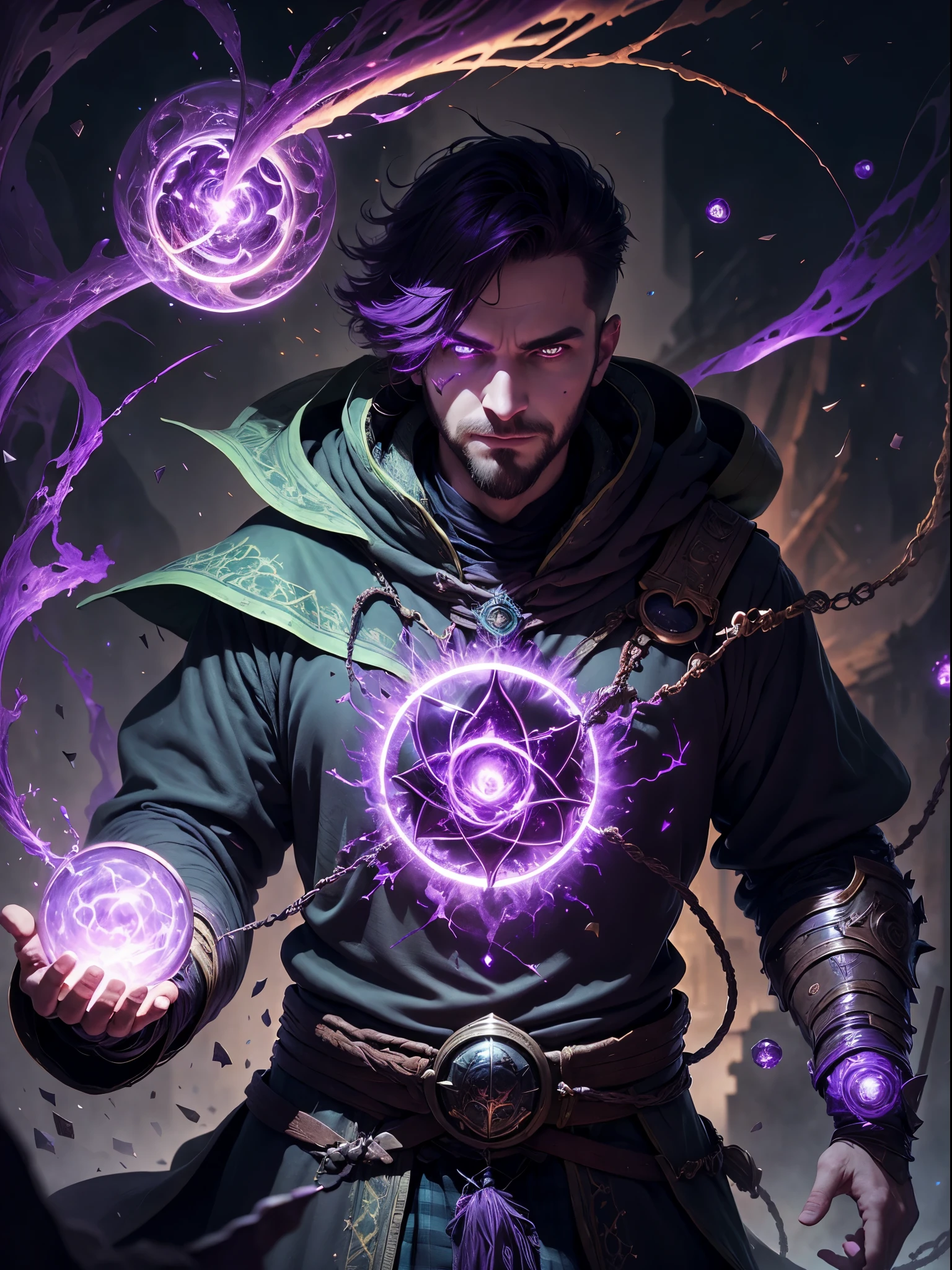(1man, fat adult Scottish male:1.2), purple eyes, brown hair, undercut, looking down, solo, half shot, detailed background, detailed face, (V0id3nergy, empty theme:1.1) evil mage, black light armor robes, determined expression, green color scheme, dark green light, summoning circle, bright magic text, dark atmosphere, shadows, realistic lighting, floating particles, sparks, surrounded by purple ray casting spell, summoning, (thick molten candles:0.8), red arcane symbols, eyes hungry for power, bloom SCG,