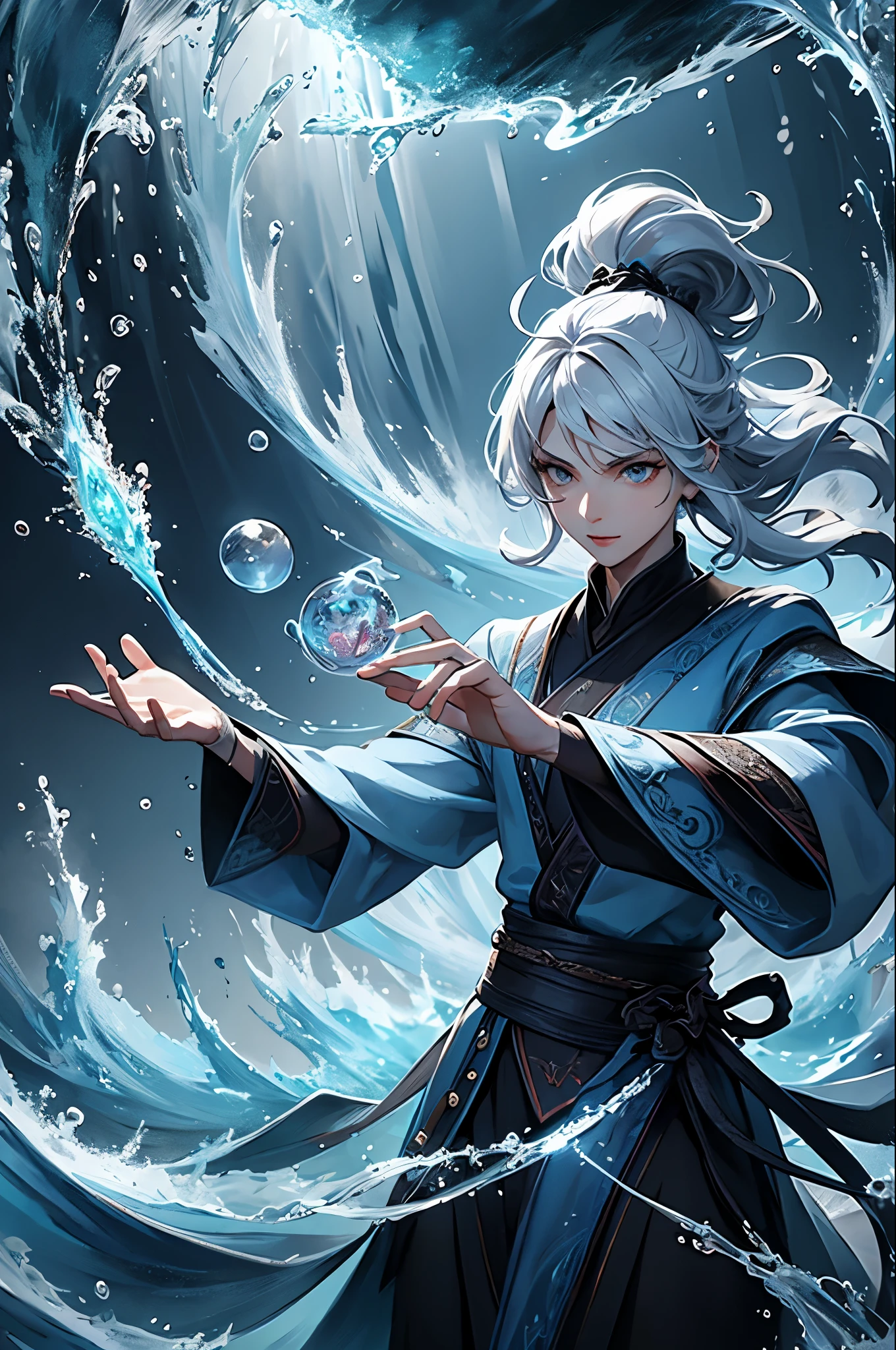 （杰作，best qualitiy：1.4），（absurdress，alta resolução，ultra detaile：1.2），（1 handsome man with white hair：1.4），（Use black magic：1.4），Water magic，Playful illustration of the magician，Imaginative overlays，artistic fusion，Fantastic scenes，evocative narratives，striking visual effects，Haut du corps，