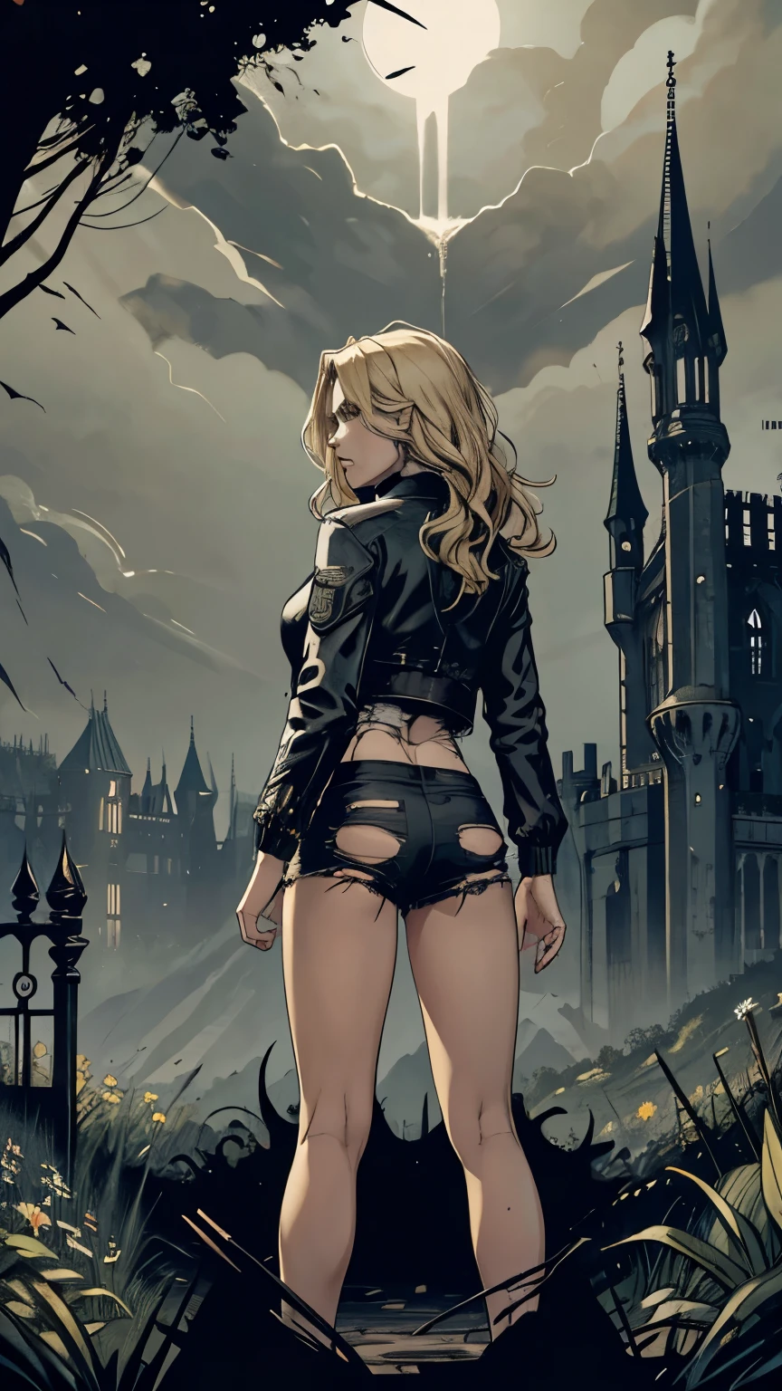 Caucasian woman, blonde hair, wavy hair, long hair, athletic body, (((torn black shorts))), (((torn black jacket))), (((standing in gloomy garden))), gloomy, (( (outside the castle))), bare feet, (((there are no people))), in the background you can see dry trees, fog, (((back))), (((terrifying atmosphere))), darkness, (((shot centered from bottom to top))).