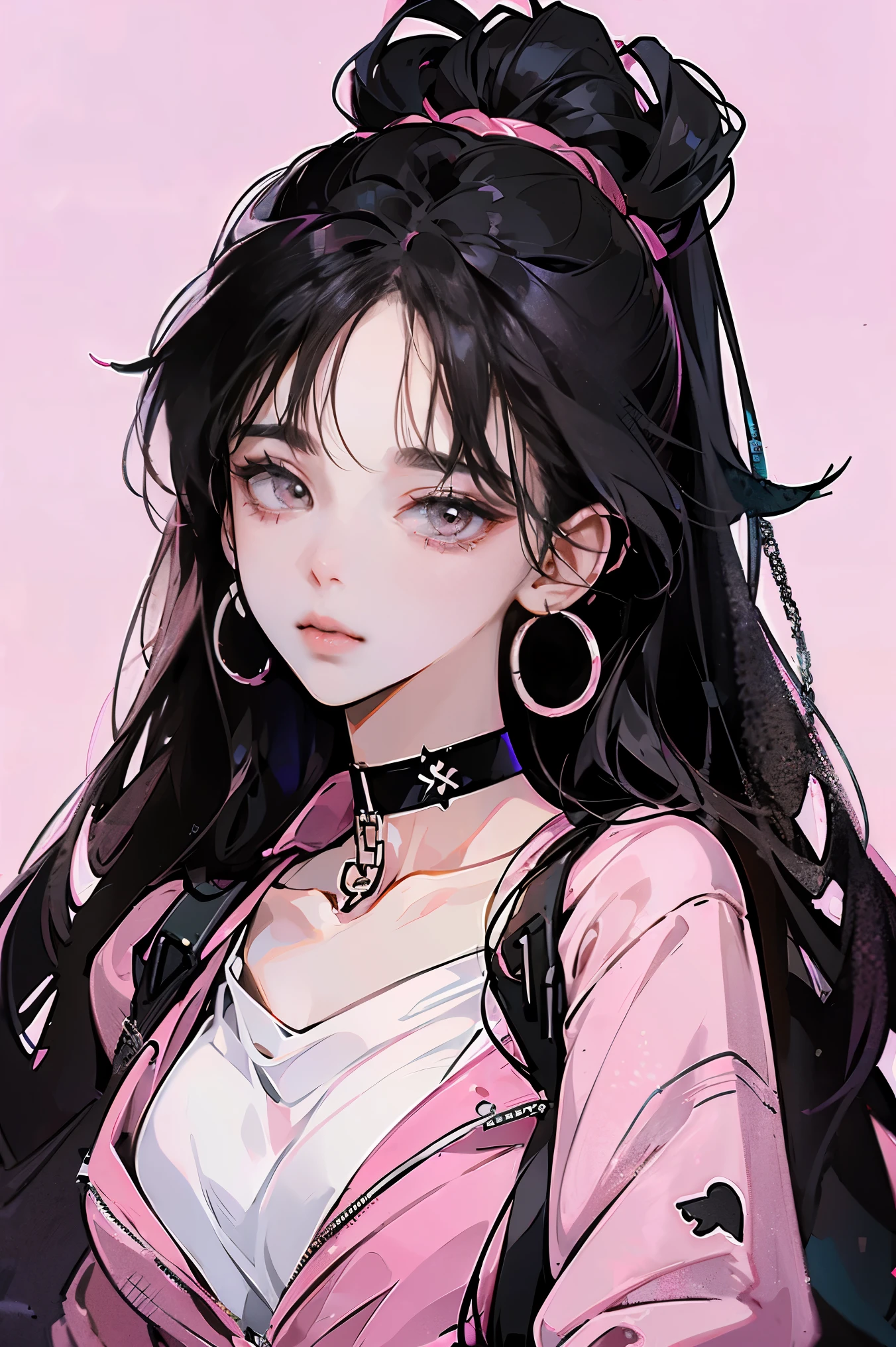 (Extremely detailed), drawing of a woman with a black choker connected to a chain, pink clothing, black hair, many piercings, in an anime style, anime style portrait, cartoon art style, thick lineart