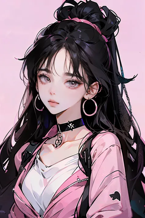 (Extremely detailed), drawing of a woman with a black choker connected to a chain, pink clothing, black hair, many piercings, in...
