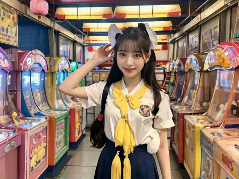 (8K, highest quality, masterpiece, ultra high resolution, super detailed:1.2) , Photo of Pretty Japanese girls,(mikey&#39;s ears:1.2),school uniform,smile and smile,
, (18-year-old:1.1), japanese idol,In the game center,(((A passageway with crane games on ...